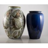 Denby Stoneware Jug, Leaf design by Glyn Colledge, 32cm, similar vase and two other Denby vases,