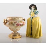 Royal Doulton figure, "Patricia", 21cms and a Royal Worcester pedestal vase, (no lid), (2).