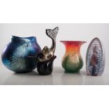 An Australian iridescent glass vase, signed Alan Fox, 14cm, coloured glass paperweights,