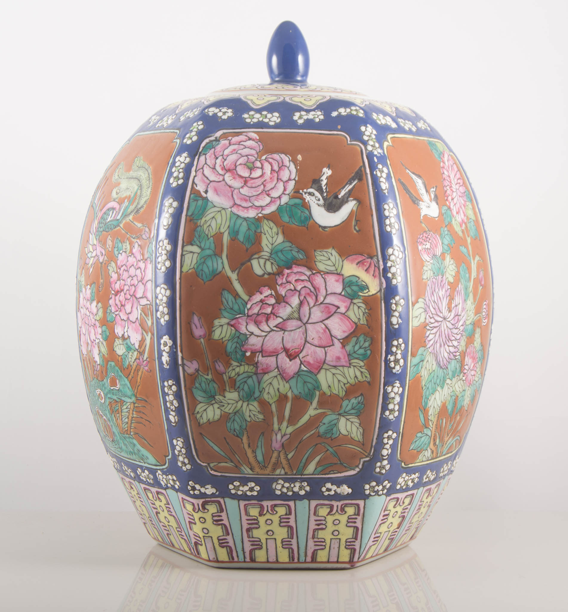 Chinese polychrome hexagonal barrel, jar and cover decorated with birds and flowers, height 32cm. - Image 2 of 2