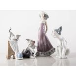 Three Lladro figures - cat with mouse, cat, girl in flowing purple gown, two Nao ducks,