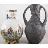 Pair of French GIEN pottery jugs, ovoid form with loop handles,