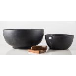 Two Wedgwood basalt ware bowls (one broken), together with two wooden crib markers.