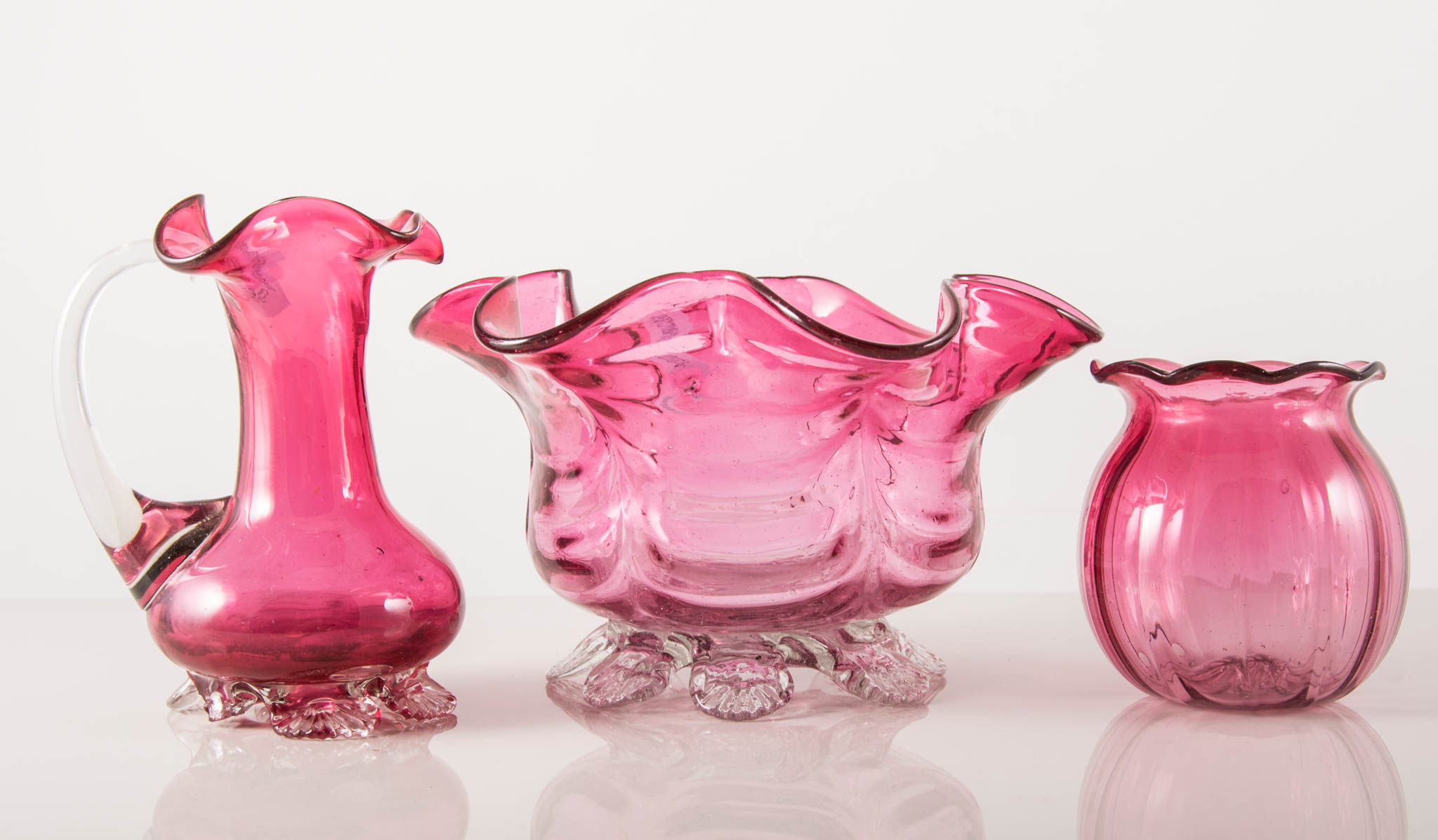 Pair of Webb vaseline spill vases,10cms, cranberry and pressed glass (a quantity).