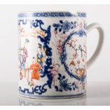 Chinese export porcelain cylindrical-shaped mug,hand painted with figural garden scene (damaged),