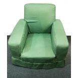 Pair of Art Deco style easy armchairs, green loose coverings.