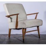 1960s armchair, cream leather seat pads.