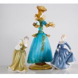 Six Doulton figures and a Murano glass lady in amber and turquoise 35cm, Fragrance HN2334,