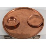 Arts and Crafts copper tray and two small dishes,