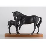 Beswick - Black Beauty and Foal, Connoisseur matt finish model on a wooden plinth, 19cm high.