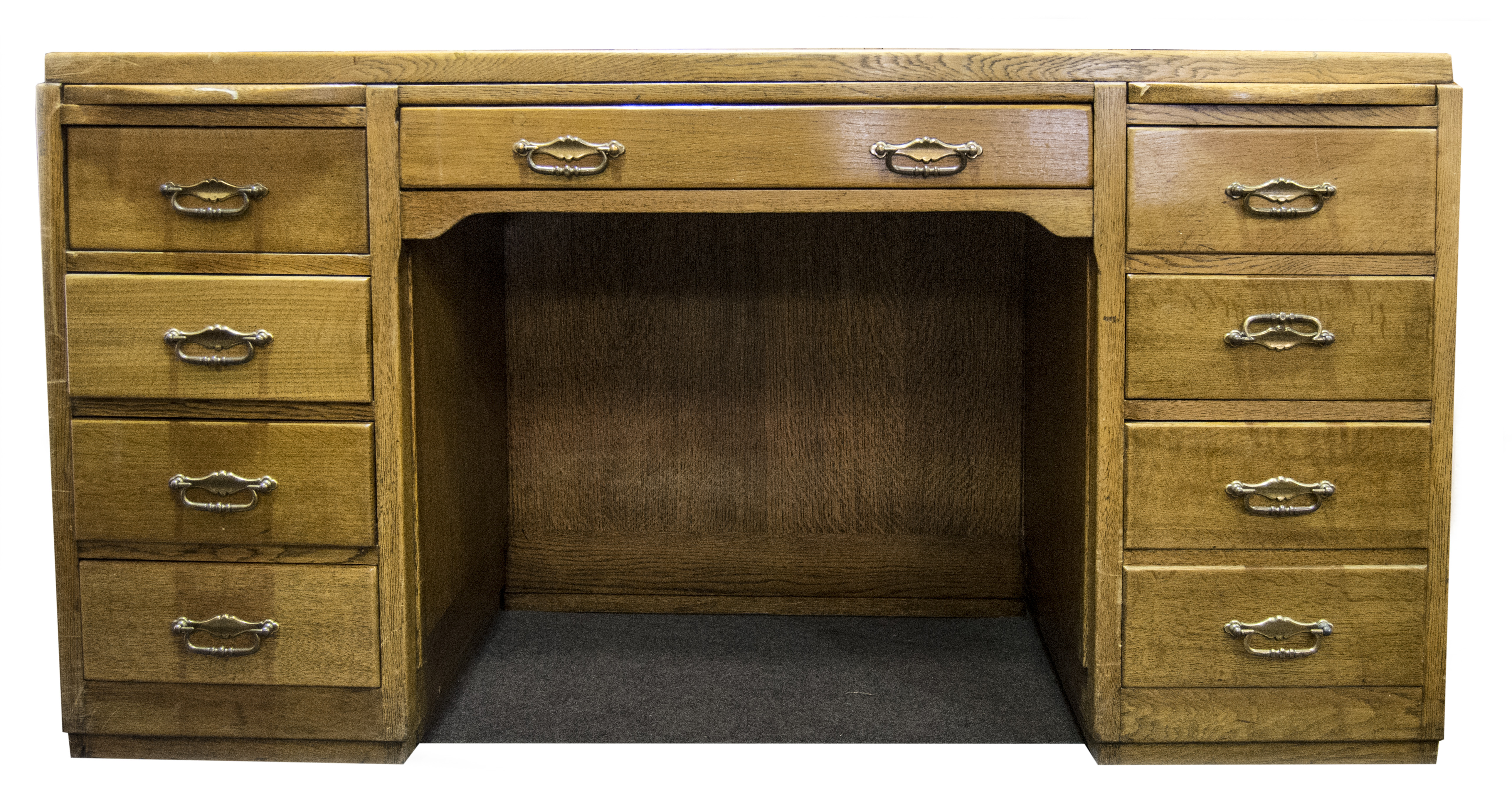 Oak Partner's desk, rectangular top with a tooled leather inset,