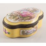 Sevres style yellow ground porcelain box, decorated with figurative and landscape panel, width 9cm.