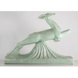 French Art Deco pottery model of a leaping gazelle, by Cassin, celadon glaze,