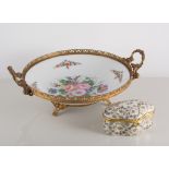 Naples porcelain gilt mounted dish and three Limoges oval dishes and a pin box, (5).