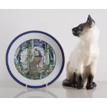 Blue and white printware meatplate, Willow pattern with drainer, 40cm, Beswick cat and small plate.