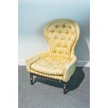 Victorian style balloon back nursing chair, yellow/ cream floral stripe upholstery,