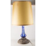 Victorian blue tinted and cut glass lamp base, 33cm, with later shade,