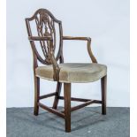 Reproduction mahogany Hepplewhite style elbow chair, fawn uphostery.