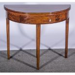 George III style mahogany demi-lune tea table, fold over top, plain frieze,