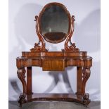 Victorian mahogany duchess dressing table, quadrefoil mirror back, over three trinket drawers,