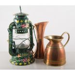 Copper warming pan, fireside companion set, painted canalware, hurricane lamp, shoe last,