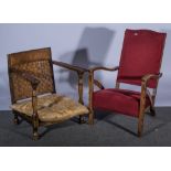 A 1930s oak framed easy chair, wine coloured dralon upholstery, 55cm; and a small occasional chair,
