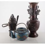 Chinese bronze vase with twin handles, 30cm, a bronze censor, and a cloisonne teapot.