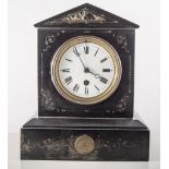 Belge Noir marble presentation mantle clock, triangular pediment, white enamelled dial,