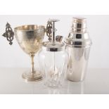 Edwardian electropated trophy cup, cast handles, 23cm, pair of electroplated entre dishes,