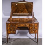 Burr walnut kneehole dressing table with rectangular mirror.