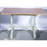 Oak kitchen table, rectangular top with rounded corners, painted trestle base, 113 x 61cm.