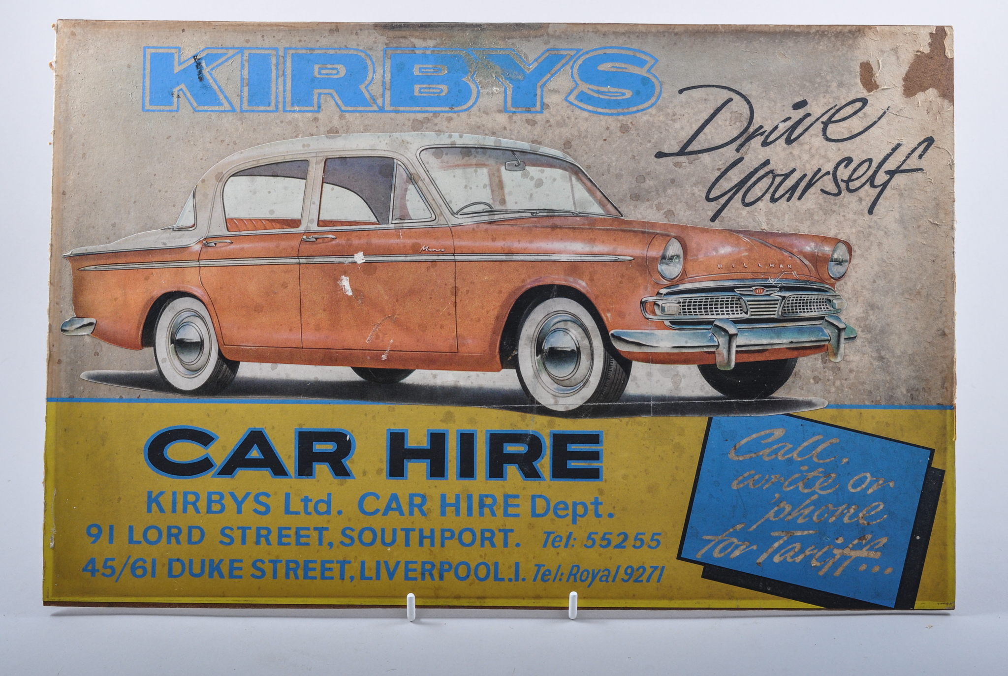 Original car hire sign on board, Kirbys Car Hire, 43cc by 28cm.