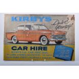 Original car hire sign on board, Kirbys Car Hire, 43cc by 28cm.