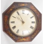 Octagon wall clock, inlaid surround, with weights, no pendulum (possibly American), 33cm.