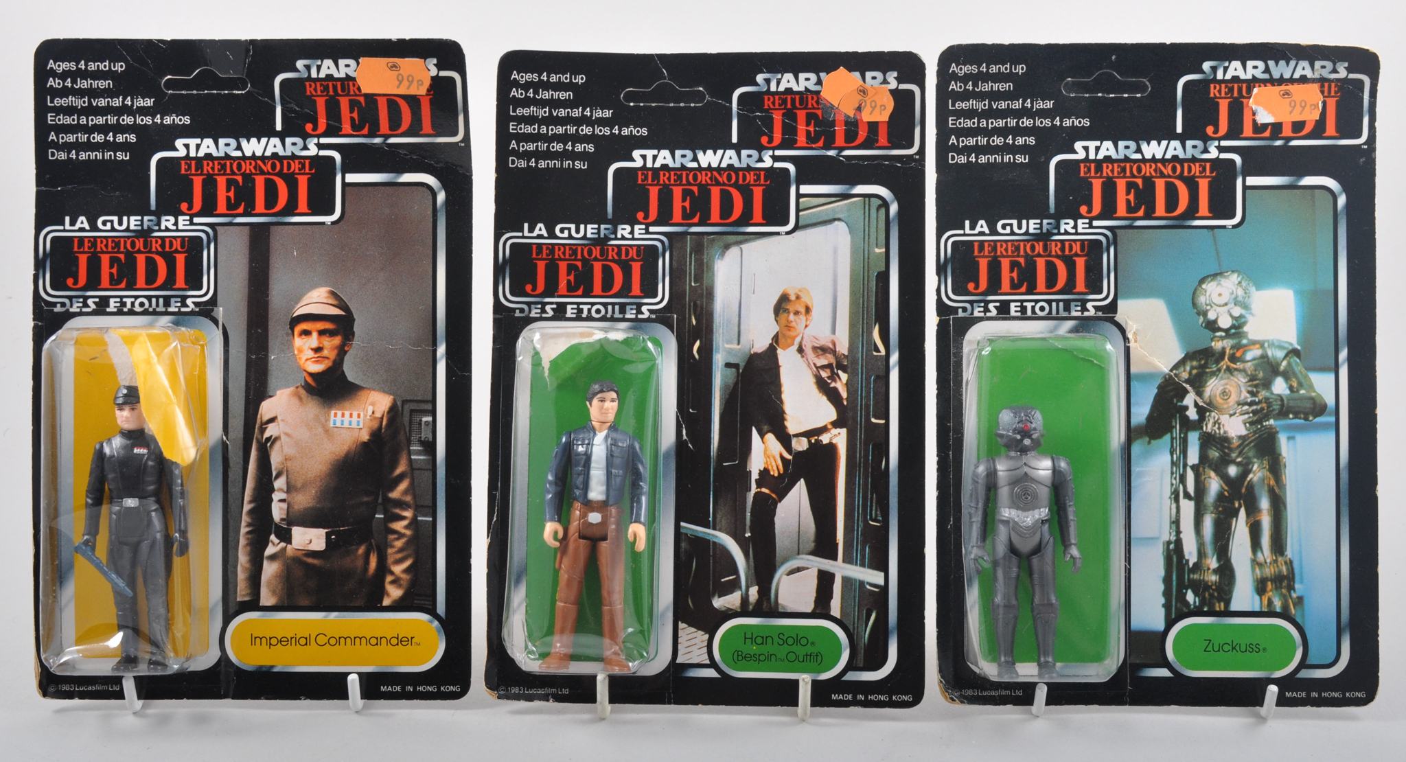 Star Wars Return of the Jedi action figures in Tri-Logo blister packs, by Palitoy, Han Solo,