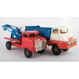 Diecast model vehicles, playworn, wooden made fort with Britains figures, Tonka toys crane truck,