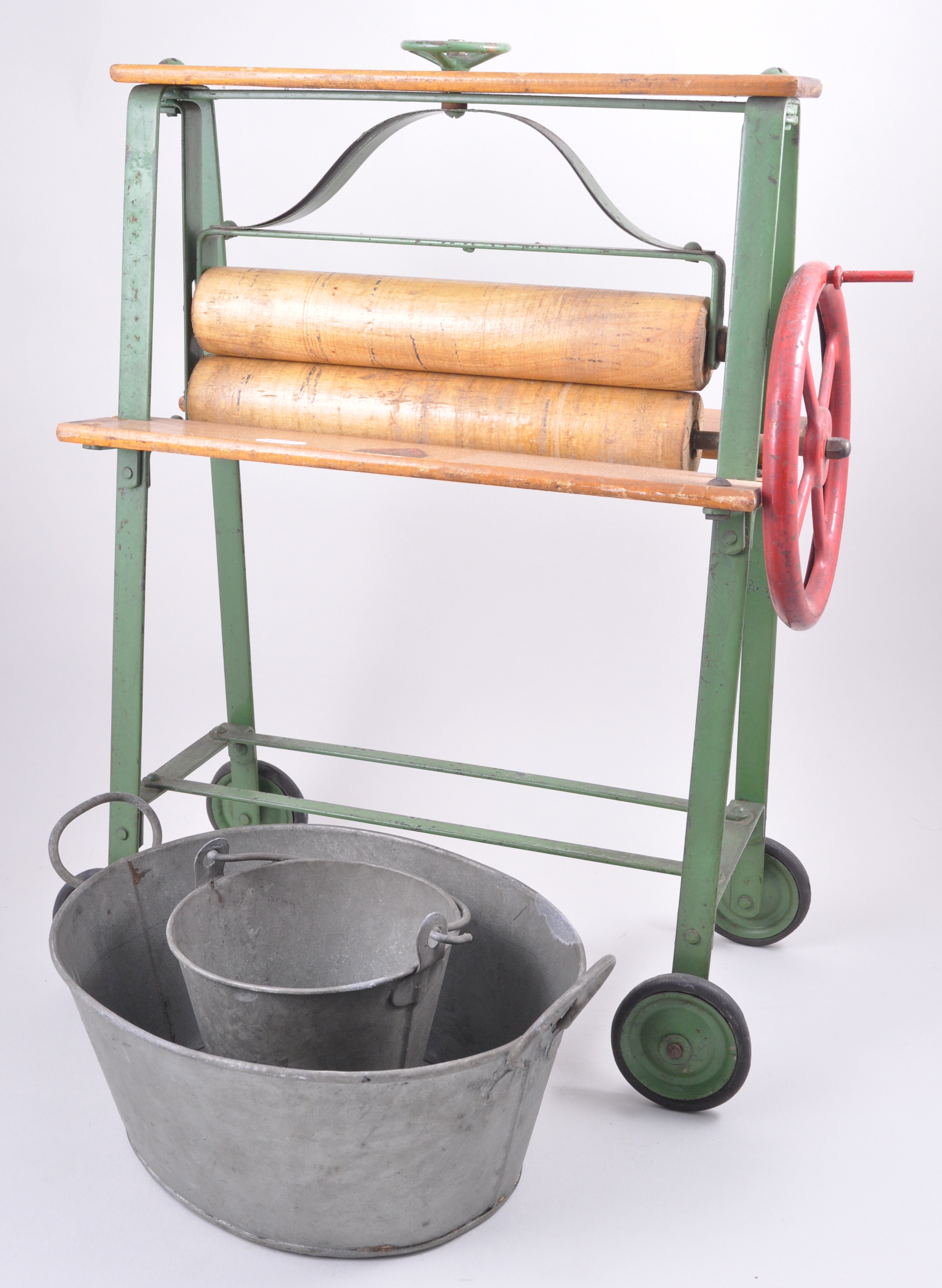 Triang wash day set, mangle, ironing board, clothes horse, washboard, tin bath, pail,