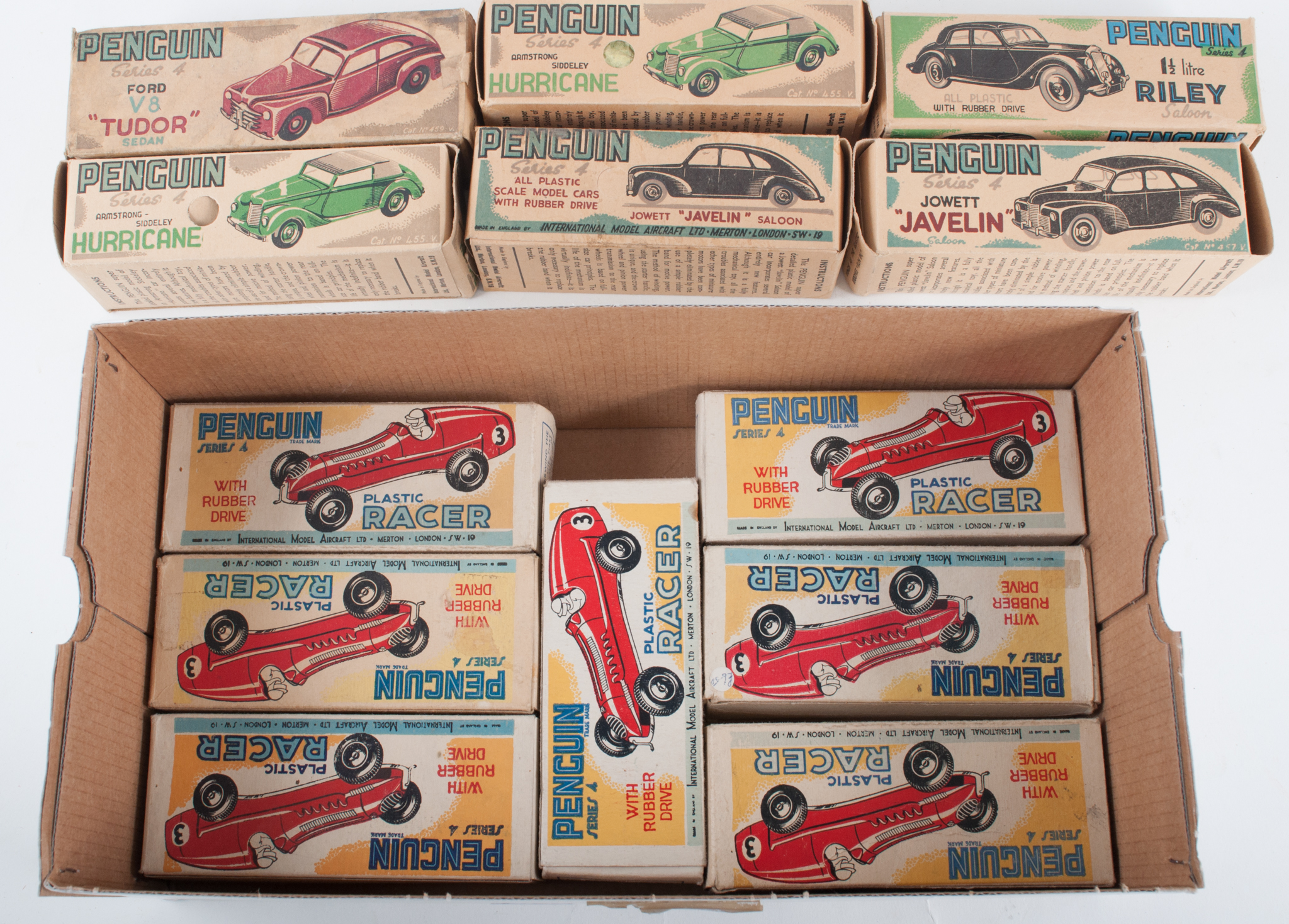 Thirteen plastic model cars by Penguin, series 4, including Riley, Jowett Javelin, Ford Tuder,