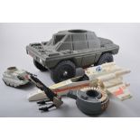 Star Wars vehicles, original 1980s, quantity in box, with other vehicles and Action Man scout car,
