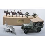 Military themed models and figures, Britains die-cast figures, Danbury Mint US Jeep model, mugs,