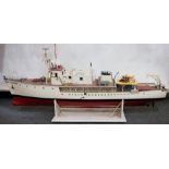 Calypso model boat, detailed scratch built, scale model on stand, with electrics and box of parts,