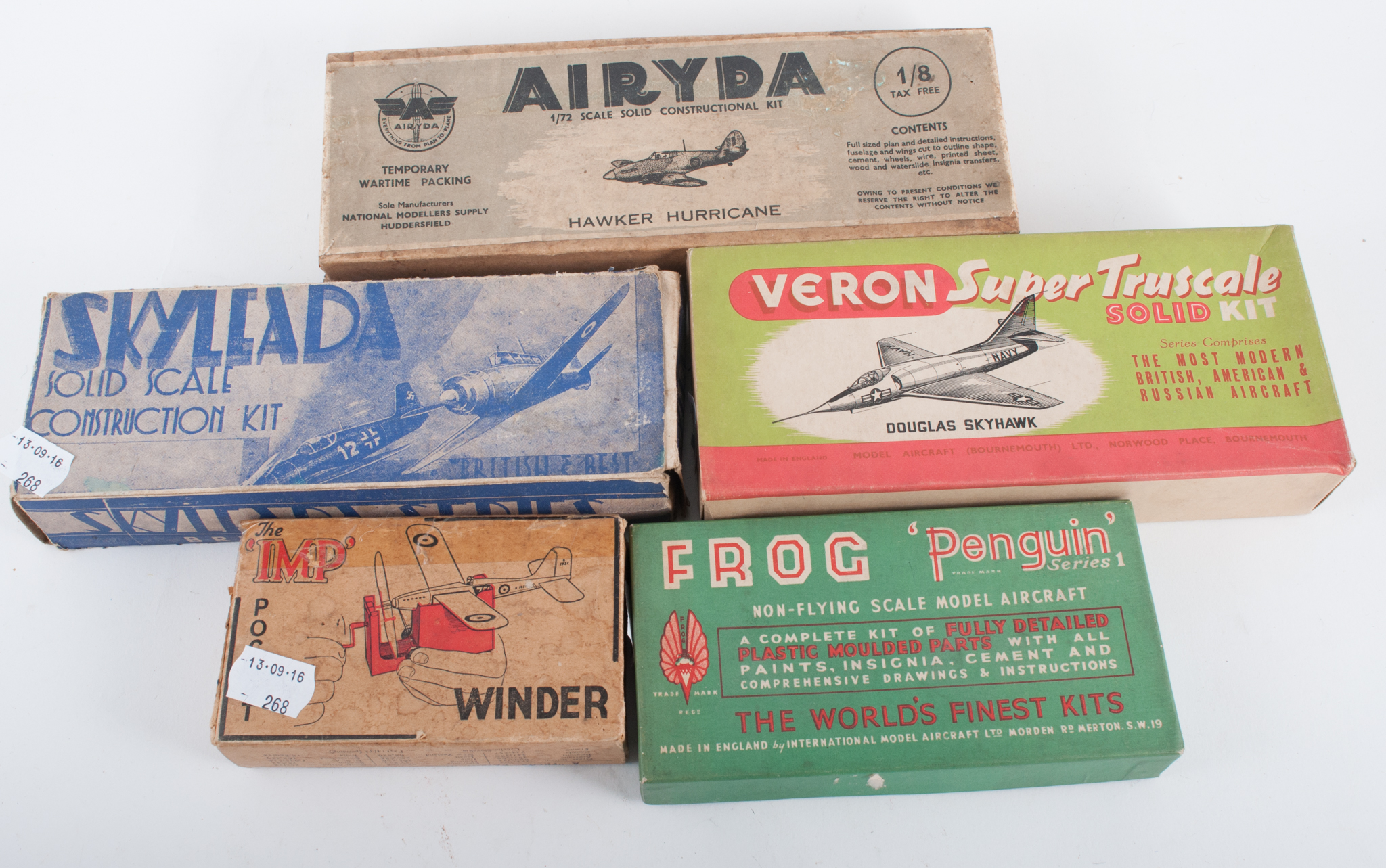 Early flying model sets, The Imp winder, Frog Penguin series 1 non-flying kit, Skyleada solid kit,