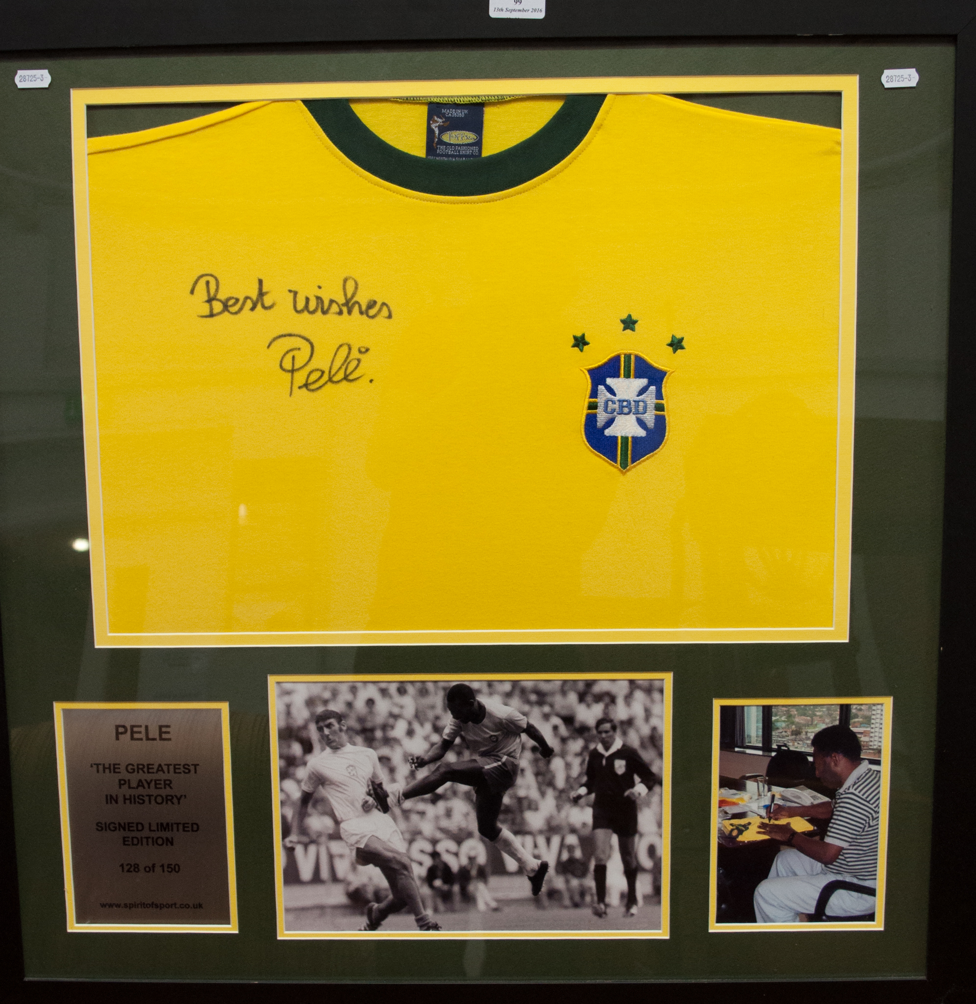 Pele Football Shirt, signed, Limited Edition, Spirit of Sport, framed with certificate.