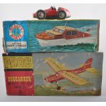 Scalex cabin cruiser, Shuco Grand Prix racer, Frog Buccaneer model,