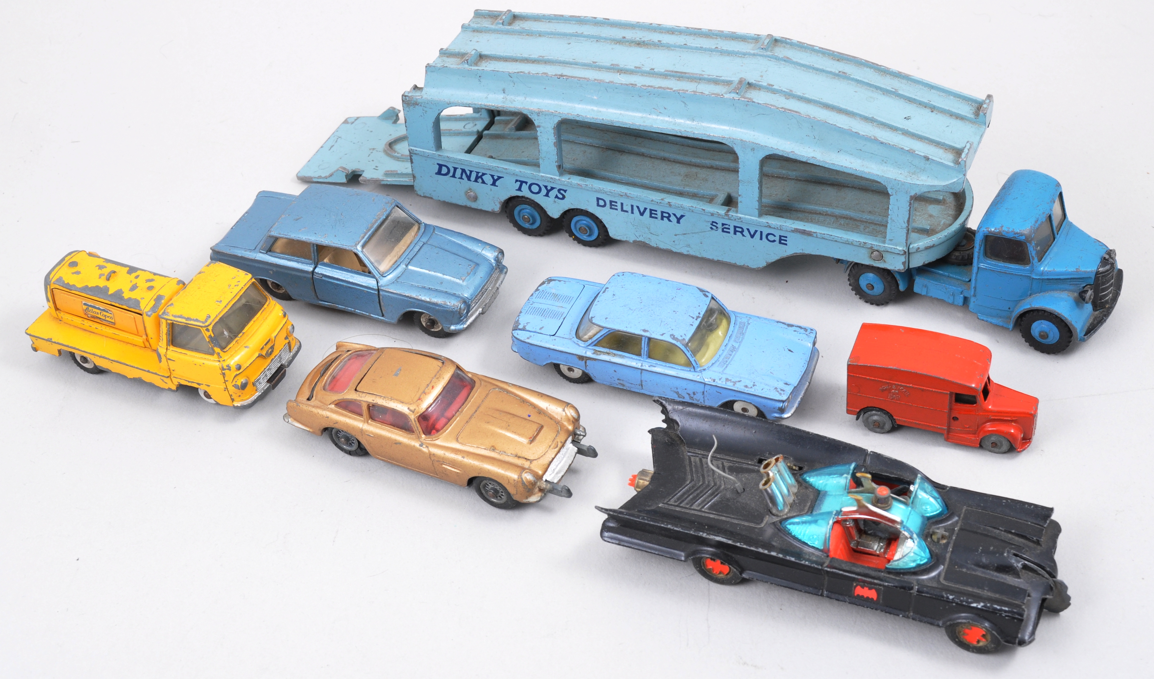 Collection of Corgi, Dinky, Lesney, Matchbox play worn diecast vehicles, to include Batmobile,