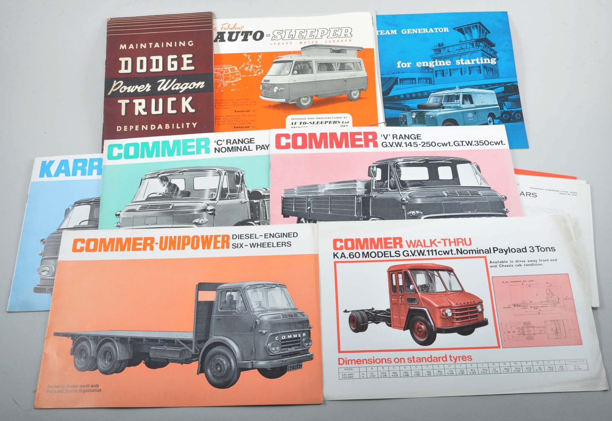 Commercial vehicles brochures and booklets, mostly Commer and Mercedes vans and trucks,
