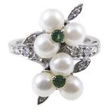 A pearl, diamond and emerald dress ring, six 5.