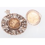 A full Sovereign ring and a half Sovereign pendant, Victoria young bun head full Sovereign, 1873,