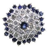 A sapphire and diamond octagonal cluster ring,