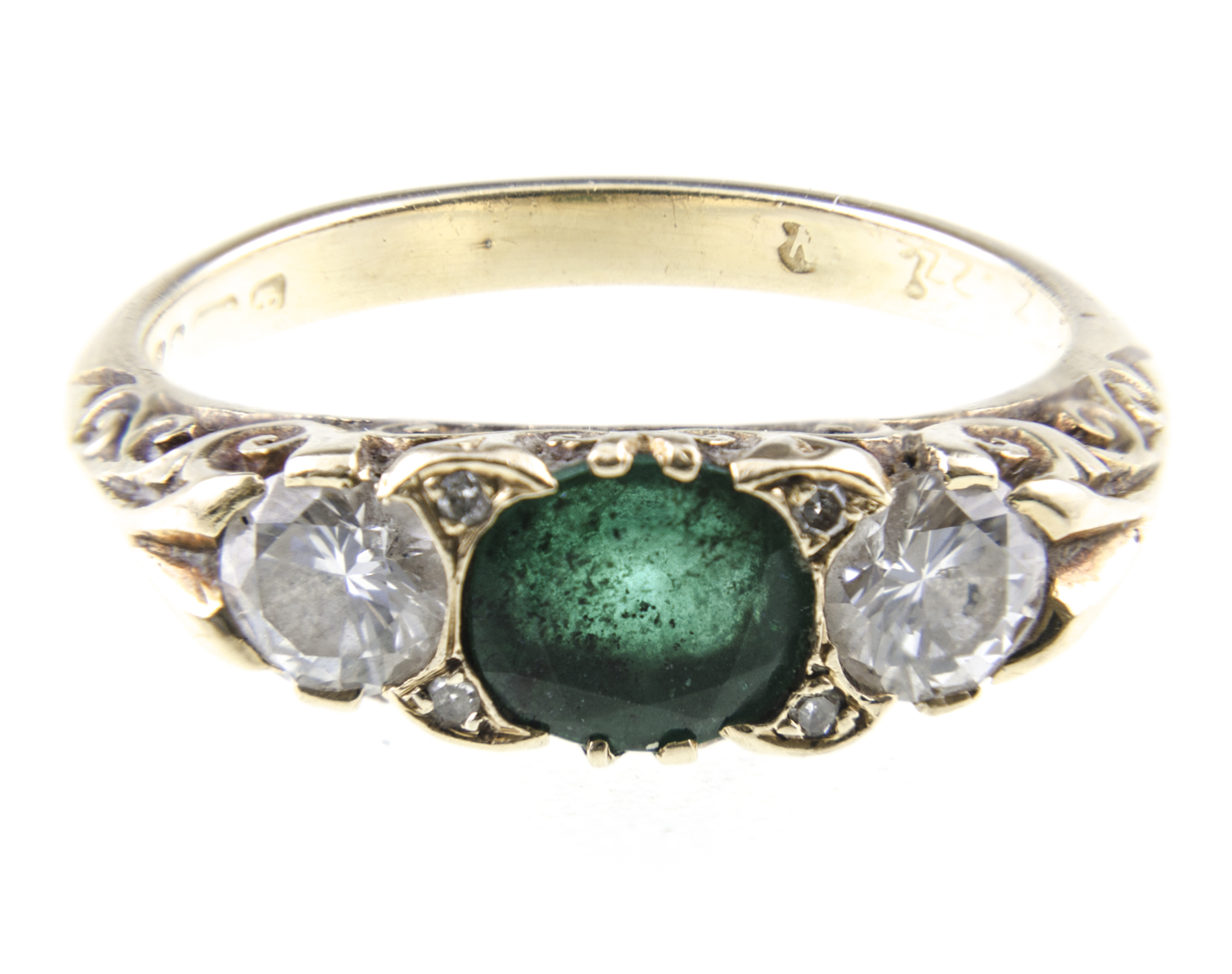 An emerald and diamond half hoop ring, one oval faceted emerald, two brilliant cut diamonds,